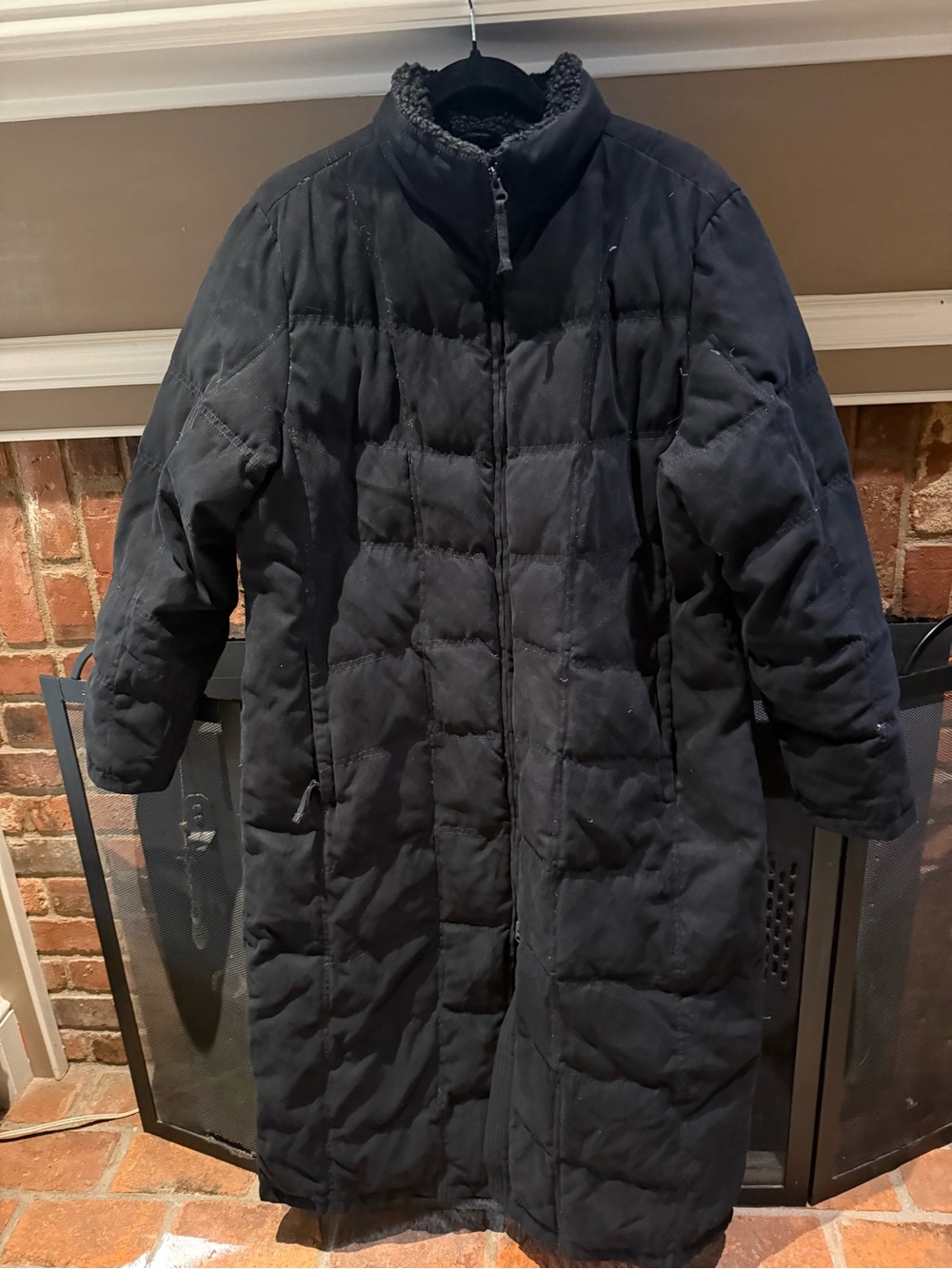 L.L. Bean Faux Suede Long Quilted Goose Down Puffer Coat Black Sherpa Size XL